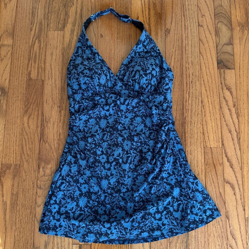 L.L.Bean Navy Blue Print Shaping Clasp Halter Swim Dress Blue Black Size 6